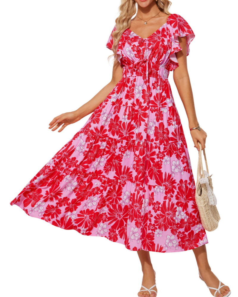 Camryn Vestido Maxi Floral Mujer – Cuello en V, Volantes y Cintura Elástica