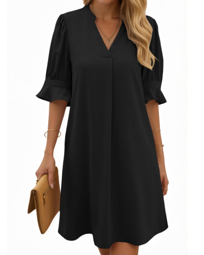 Clara Robe Midi Femme – Col en V, Manches Froncées et Design Uni