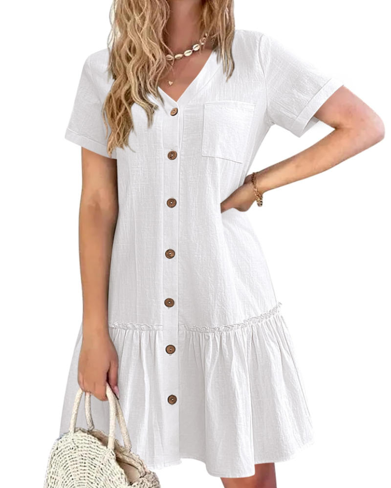 Iris Vestido Mujer Algodón y Lino – Cuello en V, Botones de Madera y Falda Plisada