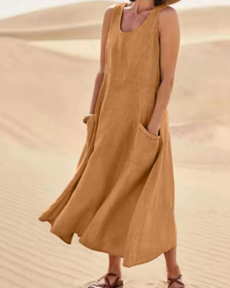 Lydia Vestido Maxi Mujer – Sin Mangas, Corte Holgado y Bolsillos Laterales