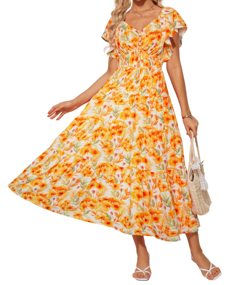 Camryn Vestido Maxi Floral Mujer – Cuello en V, Volantes y Cintura Elástica