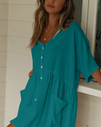 Naomi Vestido Playa Mujer – Rayón Ligero, Cuello en V, Bolsillos y Corte Oversize