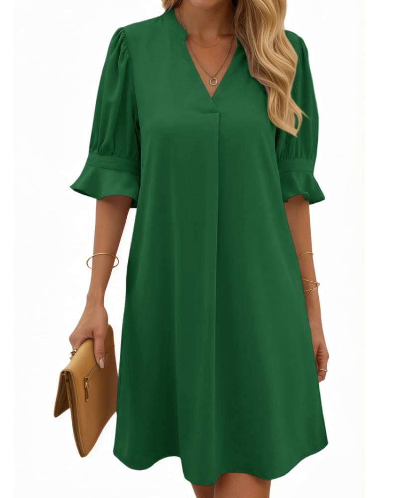 Clara Vestido Midi Mujer – Cuello en V, Mangas Fruncidas y Diseño Color Liso