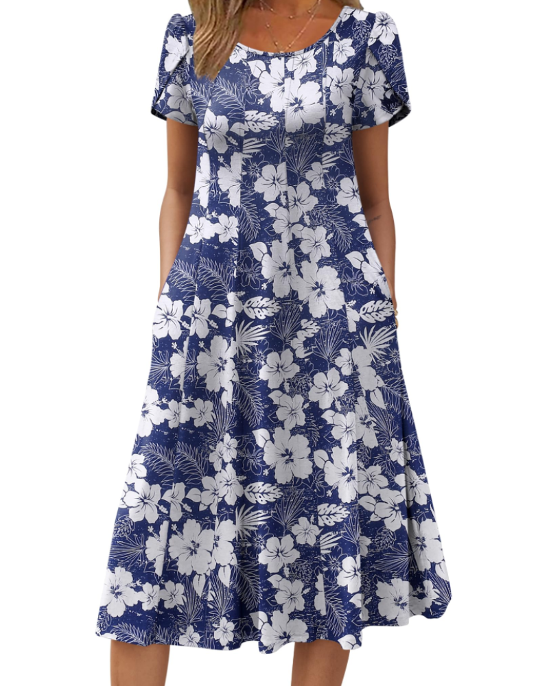 Harper Vestido Midi Mujer – Corte Línea A, Manga Corta, Bolsillos y Estampado Floral