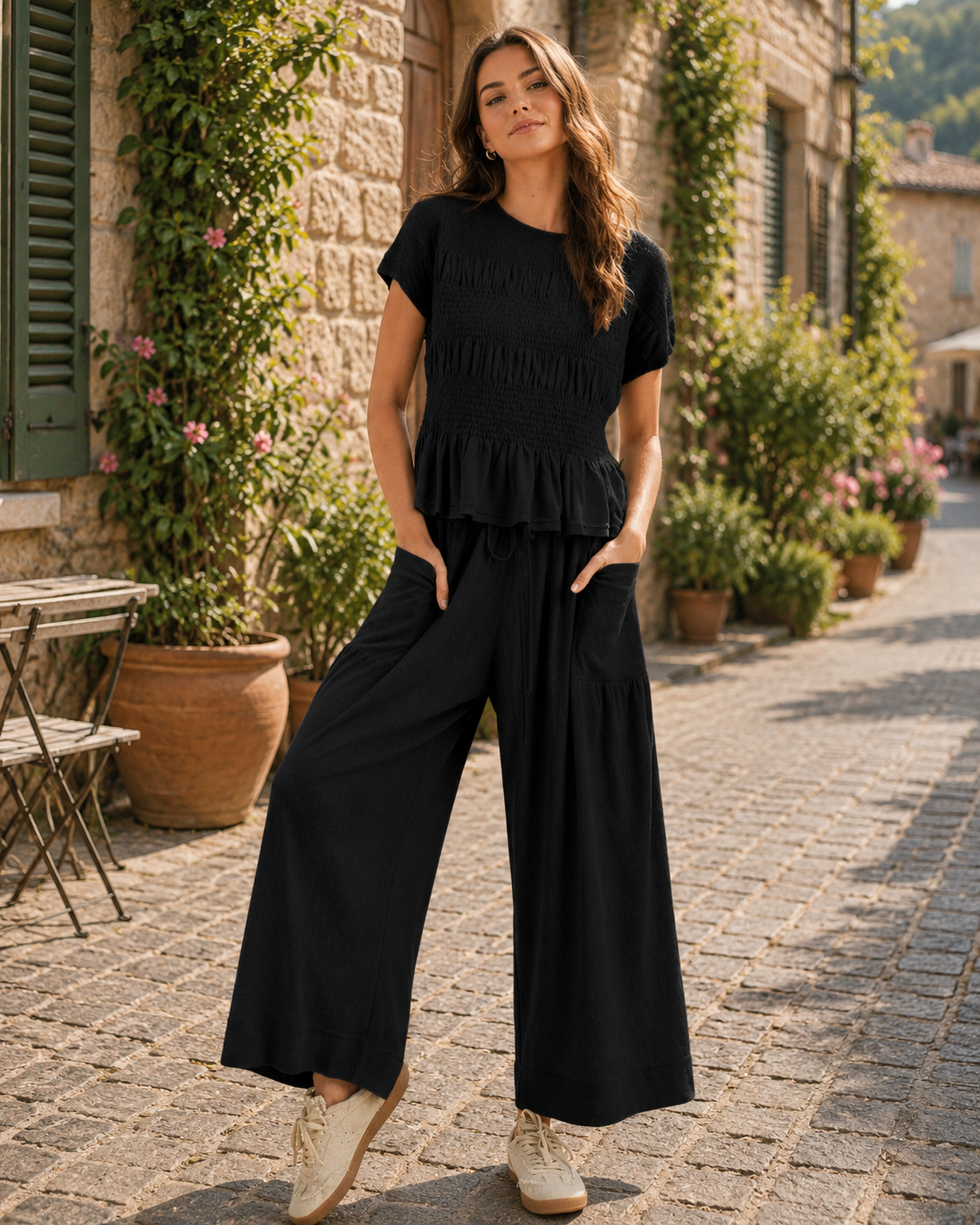Conjunto de dos piezas Alba para Mujer – Pierna ancha, Bolsillos laterales y Silueta relajada
