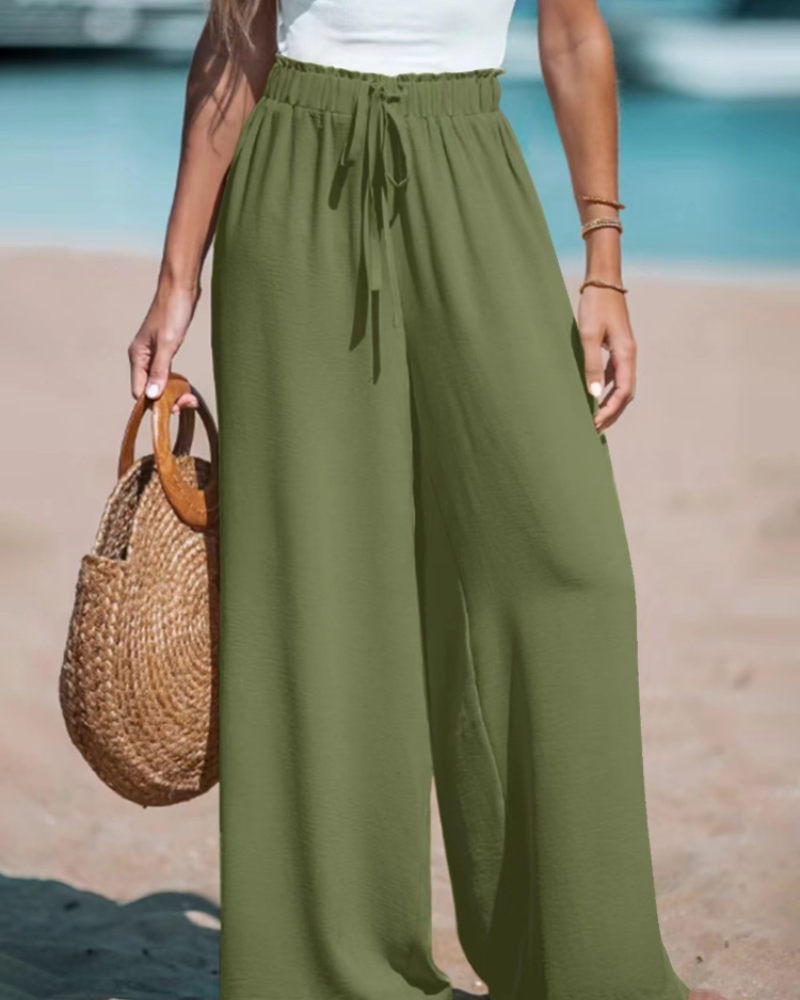 Caroline Pantalón Palazzo Mujer – Cintura Alta, Pierna Extra Ancha y Cordón Ajustable