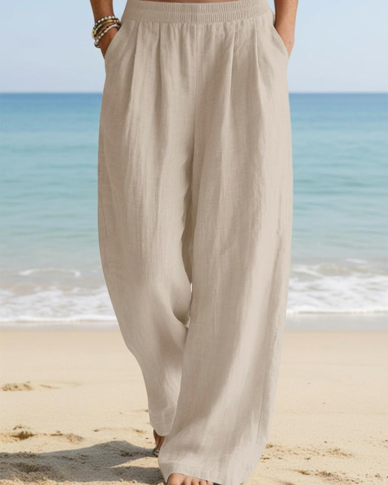 Grace Pantalón Palazzo Mujer – Algodón Lino, Cintura Alta y Pierna Ancha