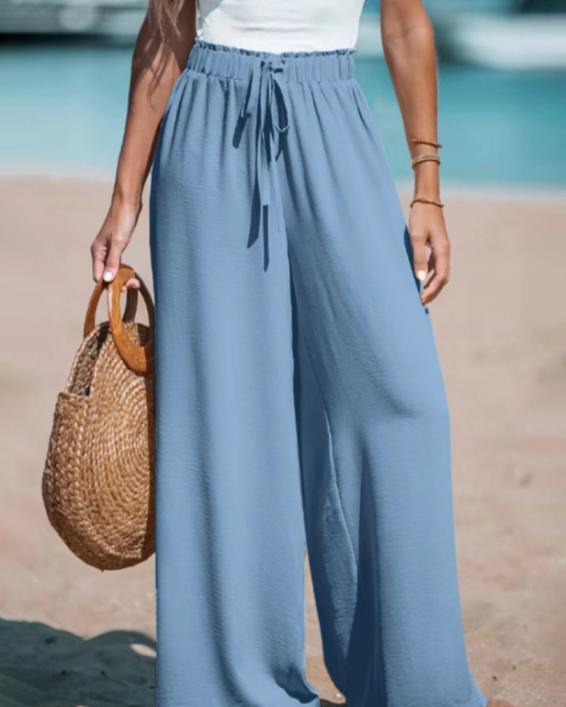 Caroline Pantalón Palazzo Mujer – Cintura Alta, Pierna Extra Ancha y Cordón Ajustable