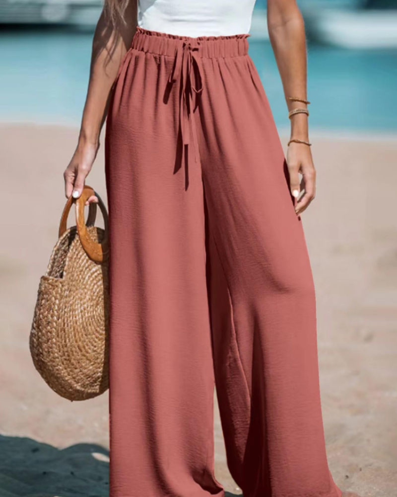 Caroline Pantalón Palazzo Mujer – Cintura Alta, Pierna Extra Ancha y Cordón Ajustable
