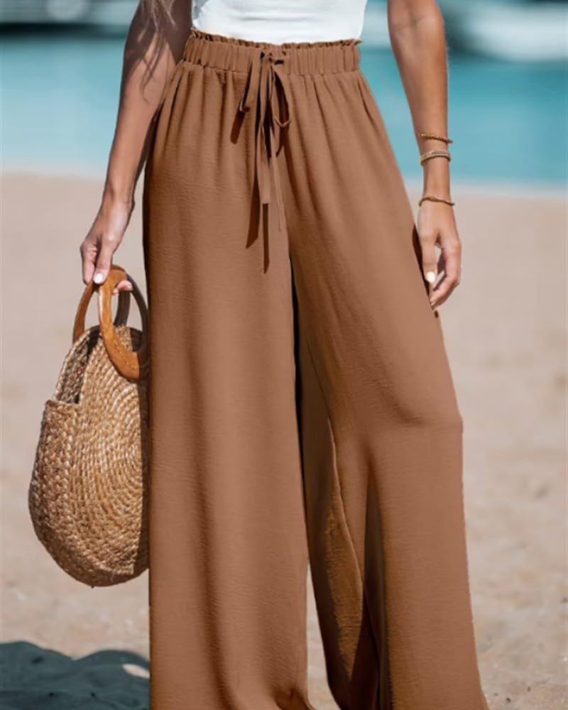 Caroline Pantalón Palazzo Mujer – Cintura Alta, Pierna Extra Ancha y Cordón Ajustable