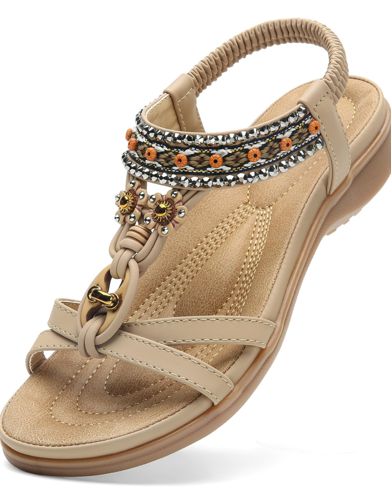 Ivy Sandalias Boho Mujer – T-Strap, Pedrería, Plantilla Acolchada y Suela TPR