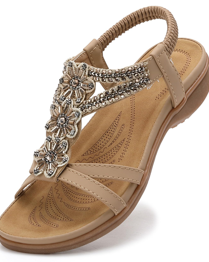 Elise Sandalias Boho Mujer – T-Strap, Detalle Floral, Correa Elástica y Suela TPR