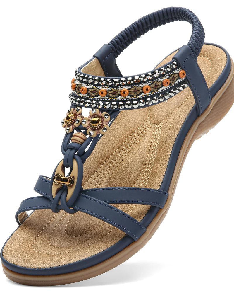 Ivy Sandalias Boho Mujer – T-Strap, Pedrería, Plantilla Acolchada y Suela TPR