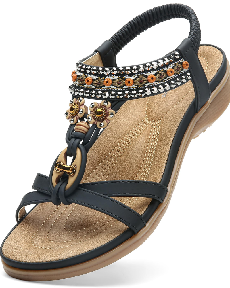 Ivy Sandalias Boho Mujer – T-Strap, Pedrería, Plantilla Acolchada y Suela TPR