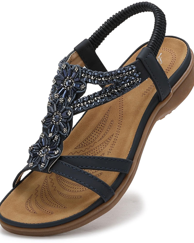 Elise Sandalias Boho Mujer – T-Strap, Detalle Floral, Correa Elástica y Suela TPR