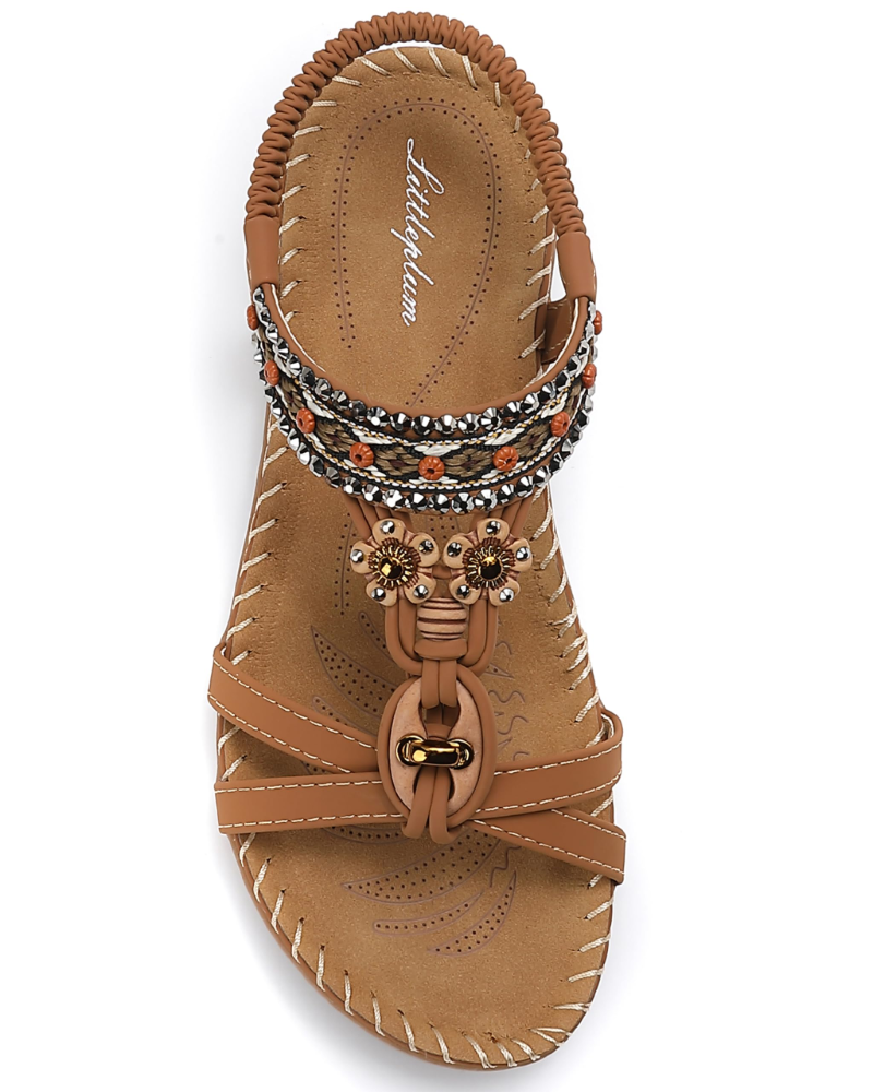 Ivy Sandalias Boho Mujer – T-Strap, Pedrería, Plantilla Acolchada y Suela TPR