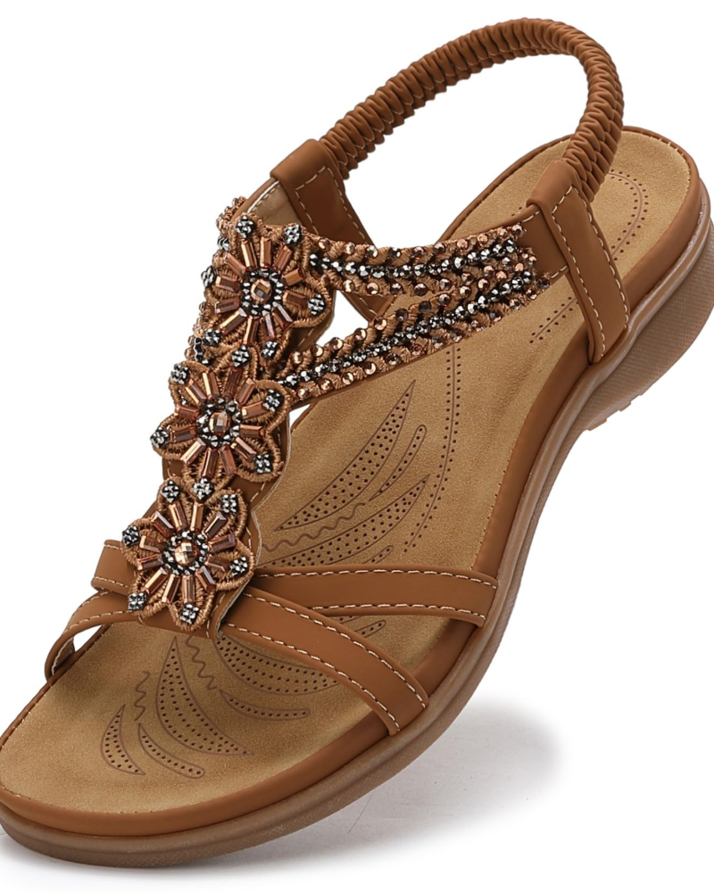 Elise Sandalias Boho Mujer – T-Strap, Detalle Floral, Correa Elástica y Suela TPR