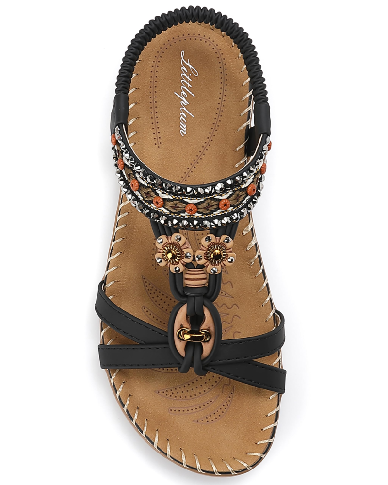 Ivy Sandalias Boho Mujer – T-Strap, Pedrería, Plantilla Acolchada y Suela TPR