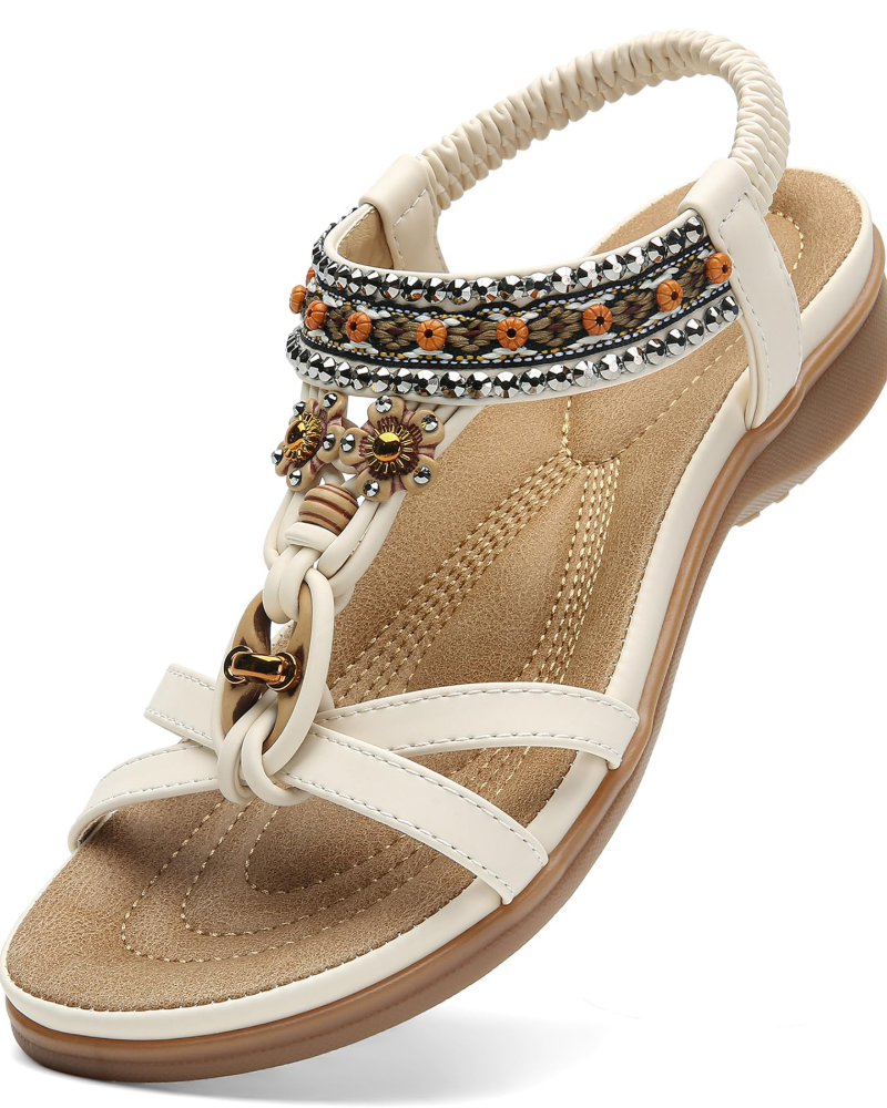 Ivy Sandalias Boho Mujer – T-Strap, Pedrería, Plantilla Acolchada y Suela TPR
