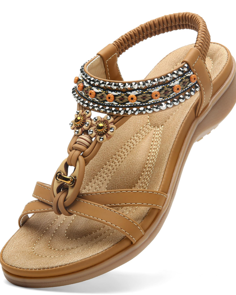 Ivy Sandalias Boho Mujer – T-Strap, Pedrería, Plantilla Acolchada y Suela TPR