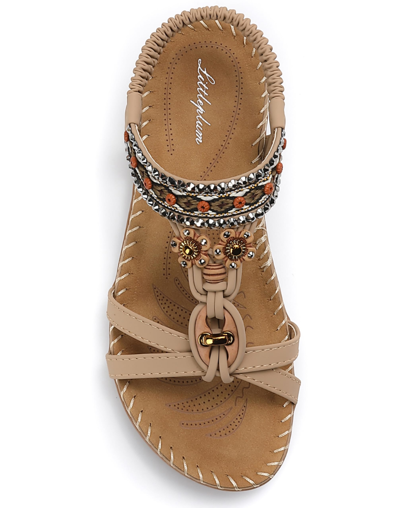 Ivy Sandalias Boho Mujer – T-Strap, Pedrería, Plantilla Acolchada y Suela TPR