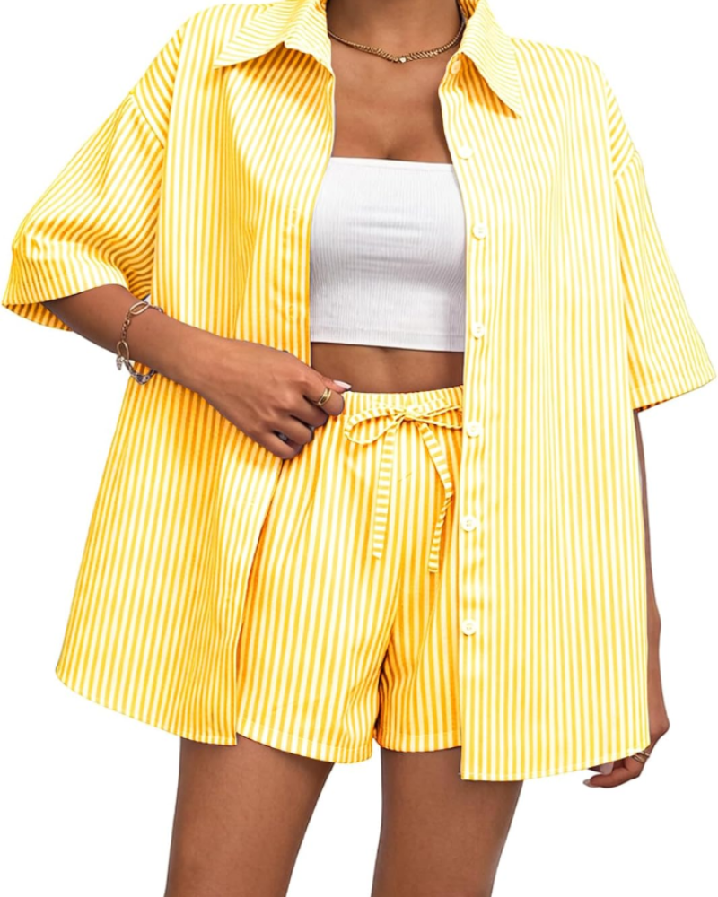 Isabelle Conjunto Mujer – Set Rayas Verano con Camisa, Shorts y Cintura Ajustable