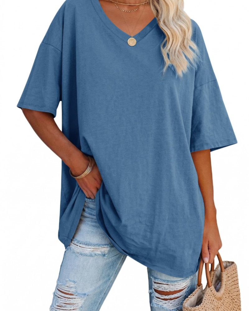 Scarlett Camiseta Oversize Mujer – Cuello en V, Mezcla Algodón y Corte Relajado