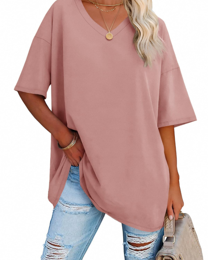 Scarlett Camiseta Oversize Mujer – Cuello en V, Mezcla Algodón y Corte Relajado