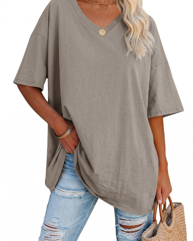 Scarlett Camiseta Oversize Mujer – Cuello en V, Mezcla Algodón y Corte Relajado