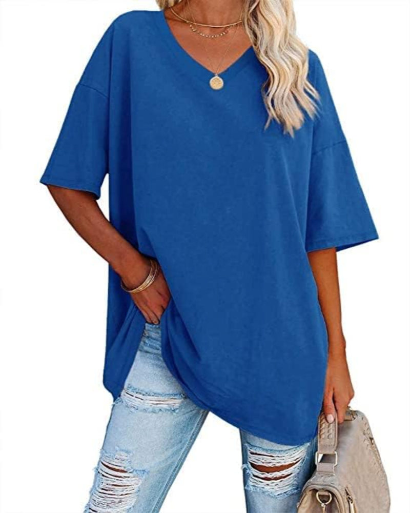 Scarlett Camiseta Oversize Mujer – Cuello en V, Mezcla Algodón y Corte Relajado