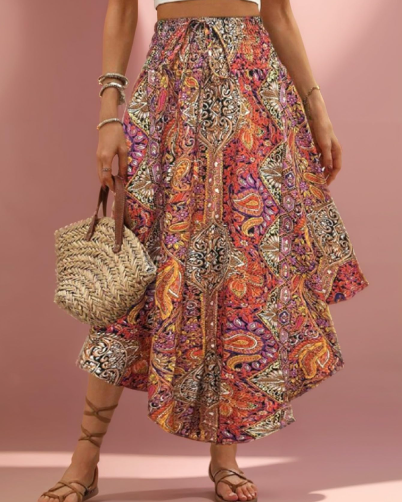 Elena Falda Midi Mujer – Estampado Floral Plisado, Cintura Alta y Corte Fluido