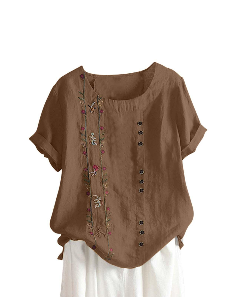 Brooke Blusa Lino Mujer – Mezcla Algodón Lino, Estampado Floral y Manga Corta