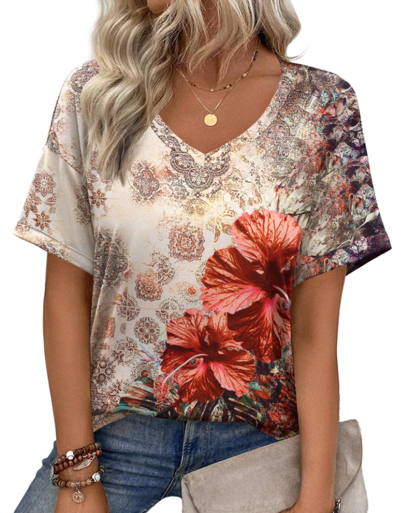 Mabel Top Túnica Mujer – Cuello en V, Manga Corta, Estampado y Tejido Elástico