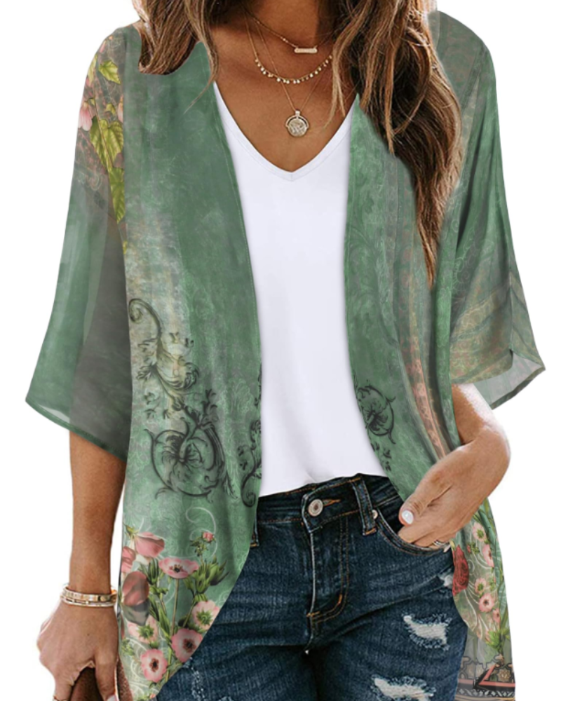 Lauren Kimono Cardigan Boho Mujer – Chifón Floral, Frente Abierto y Manga 3/4