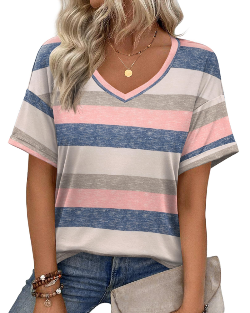 Mabel Top Túnica Mujer – Cuello en V, Manga Corta, Estampado y Tejido Elástico