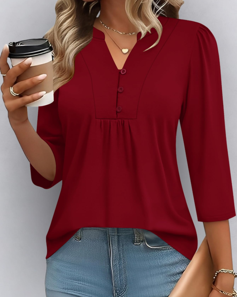 Isla Blusa Boho Mujer – Escote en V, Manga 3/4, Pliegues y Tejido Ligero