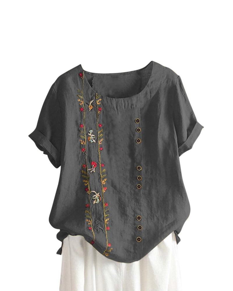 Brooke Blusa Lino Mujer – Mezcla Algodón Lino, Estampado Floral y Manga Corta