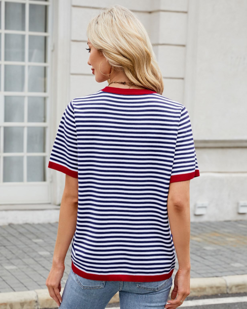 Top Ainsley Punto Rayas Femme – Col Rond, Manches Courtes et Coupe Ample