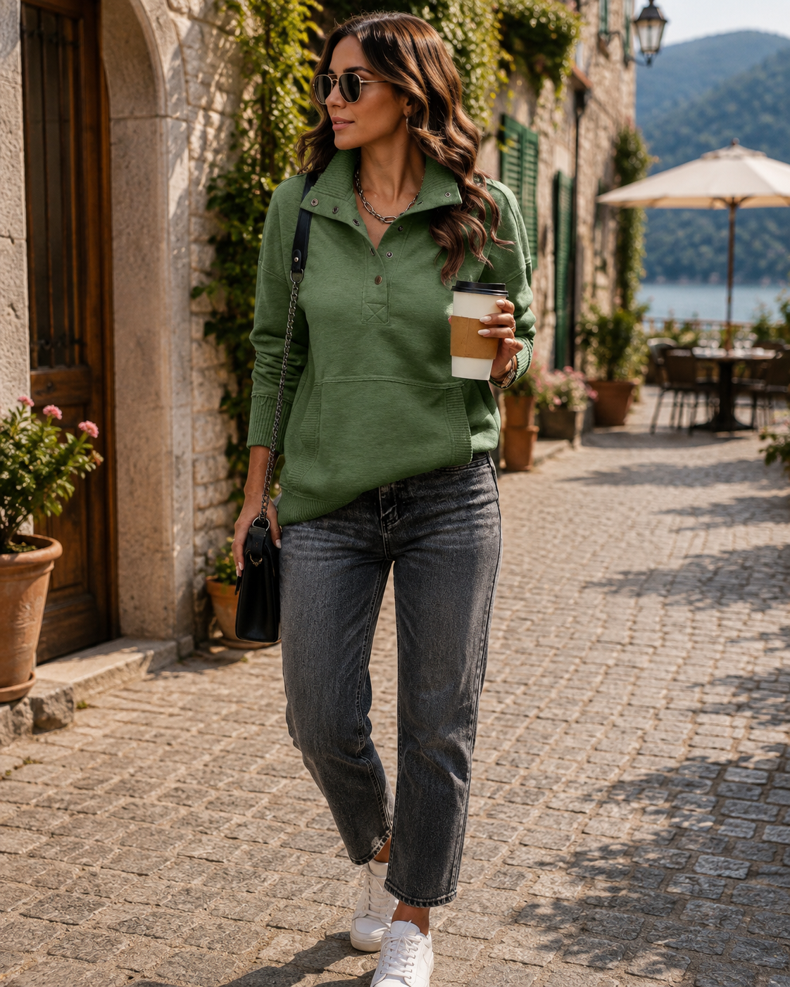 Sudadera estilo henley Daniela para Mujer – Cuello en V, Tejido elástico y Cómodo