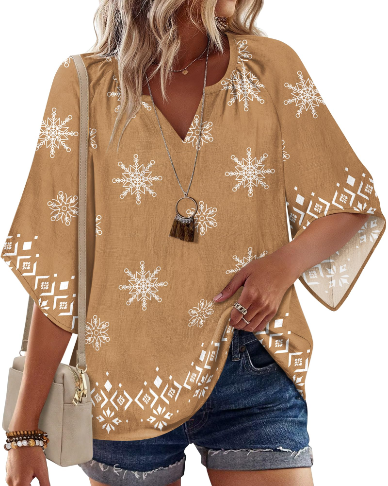 Carmen Blusa Boho Mujer – Cuello V Henley, Manga Acampanada y Estampado Floral