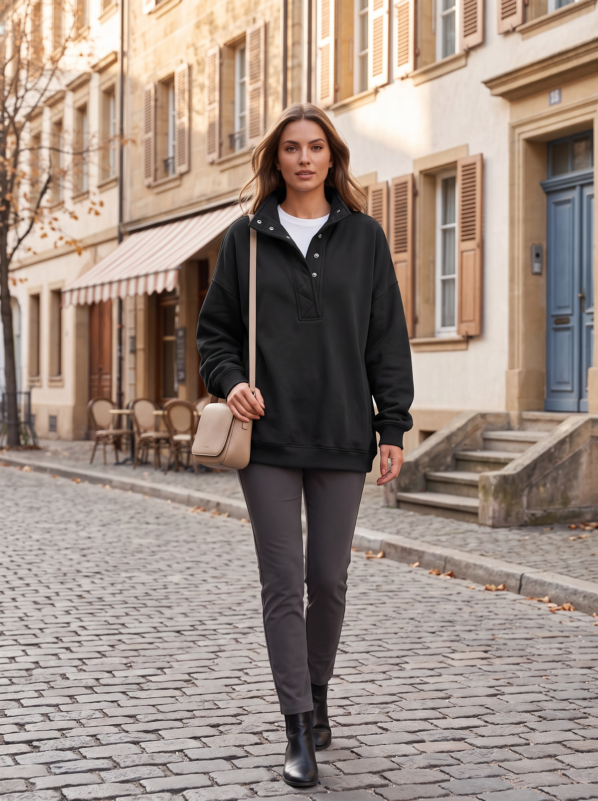 Sudadera estilo henley Blanca para Mujer – Forro polar interior, Hombros caídos y Silueta holgada