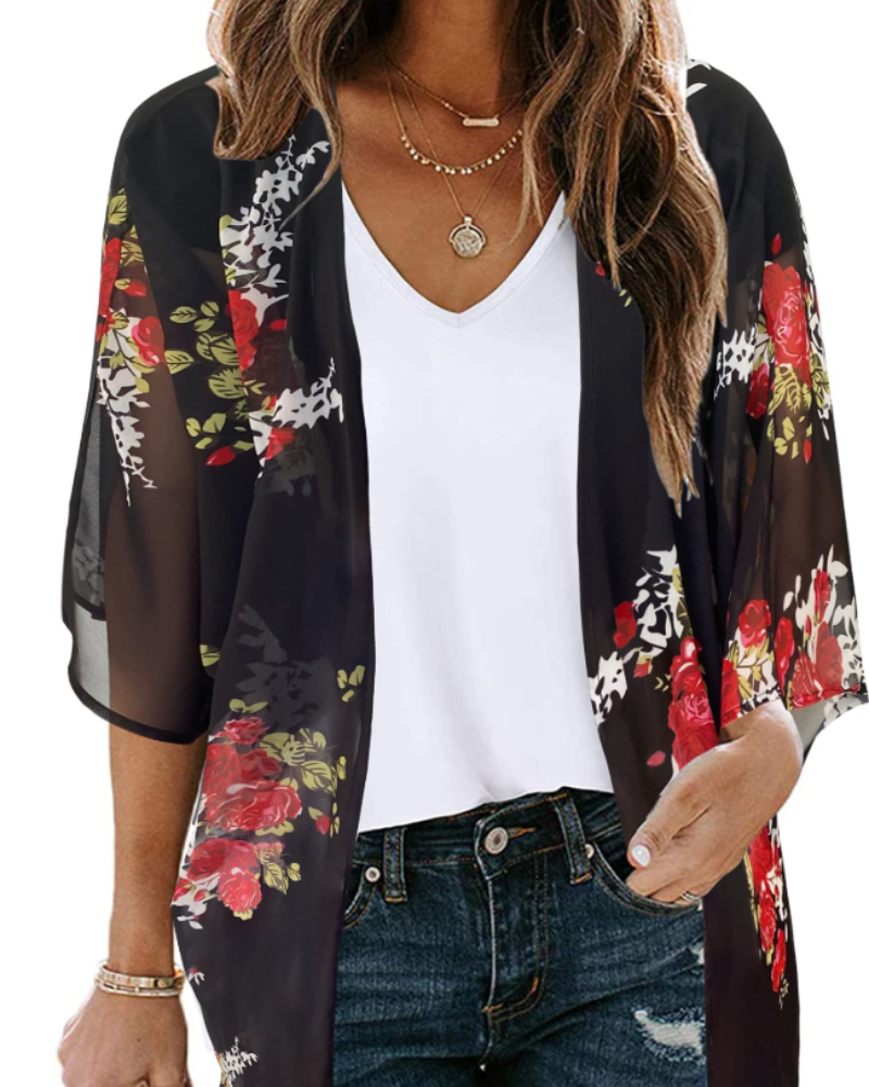 Lauren Kimono Cardigan Boho Mujer – Chifón Floral, Frente Abierto y Manga 3/4