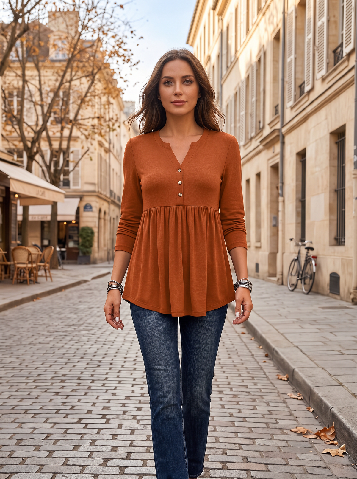 Blusa estilo henley Zaida para Mujer – Cuello en V y Mangas largas