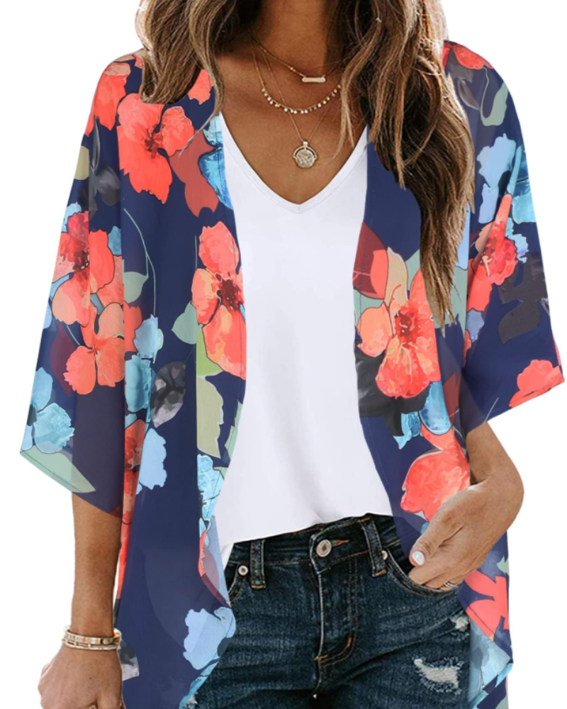 Lauren Kimono Cardigan Boho Mujer – Chifón Floral, Frente Abierto y Manga 3/4