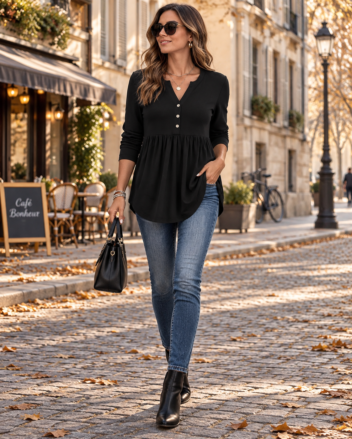 Blusa estilo henley Zaida para Mujer – Cuello en V y Mangas largas