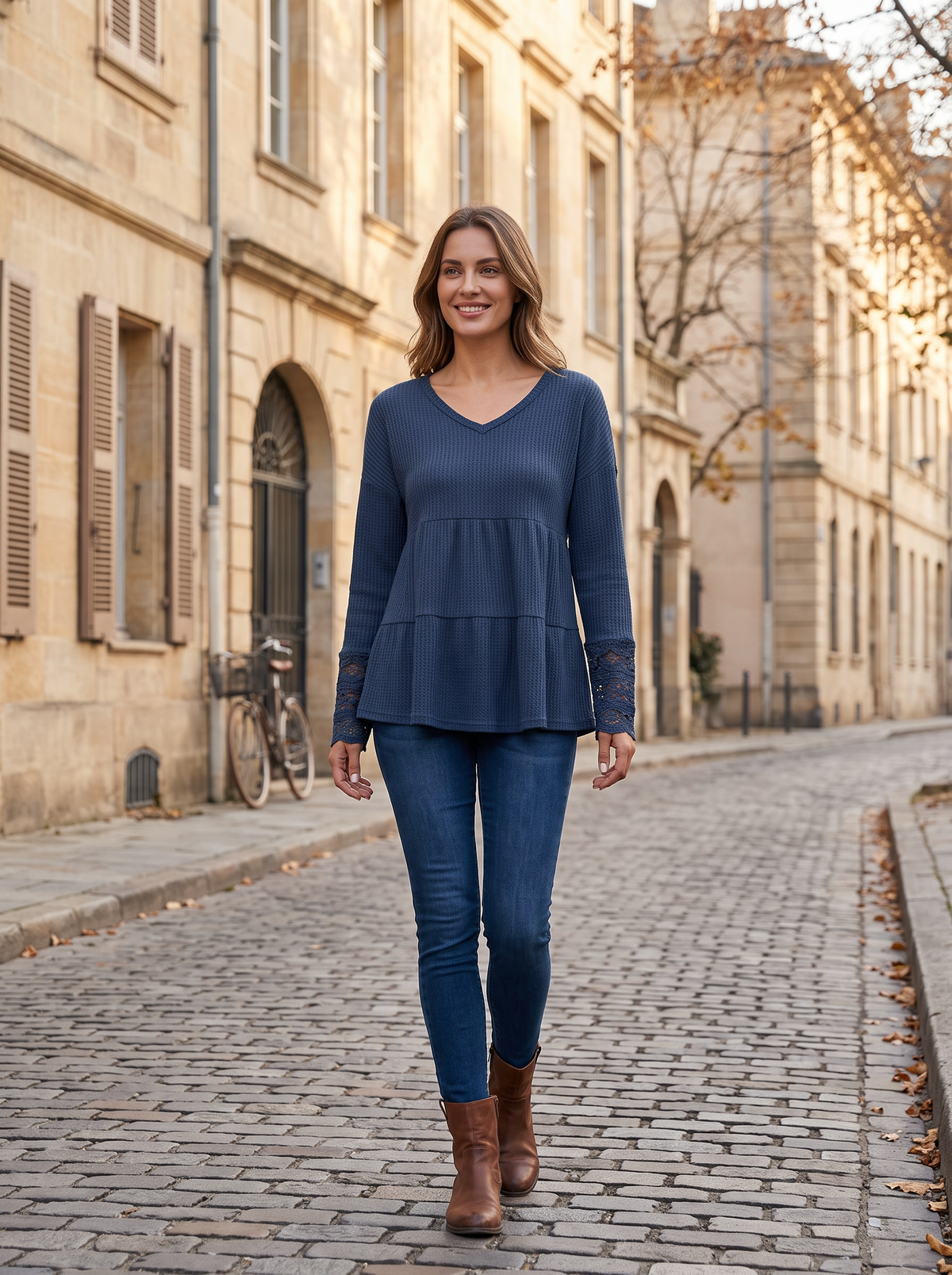 Top de punto gofre Cristina para Mujer – Cuello en V, Mangas largas y Detalles acanalados