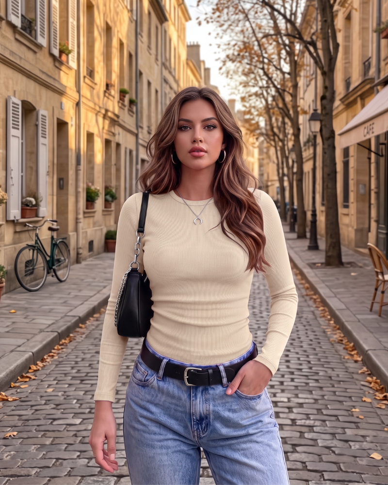 Top Aitana para Mujer – Cuello redondo, Silueta entallada y Mangas largas