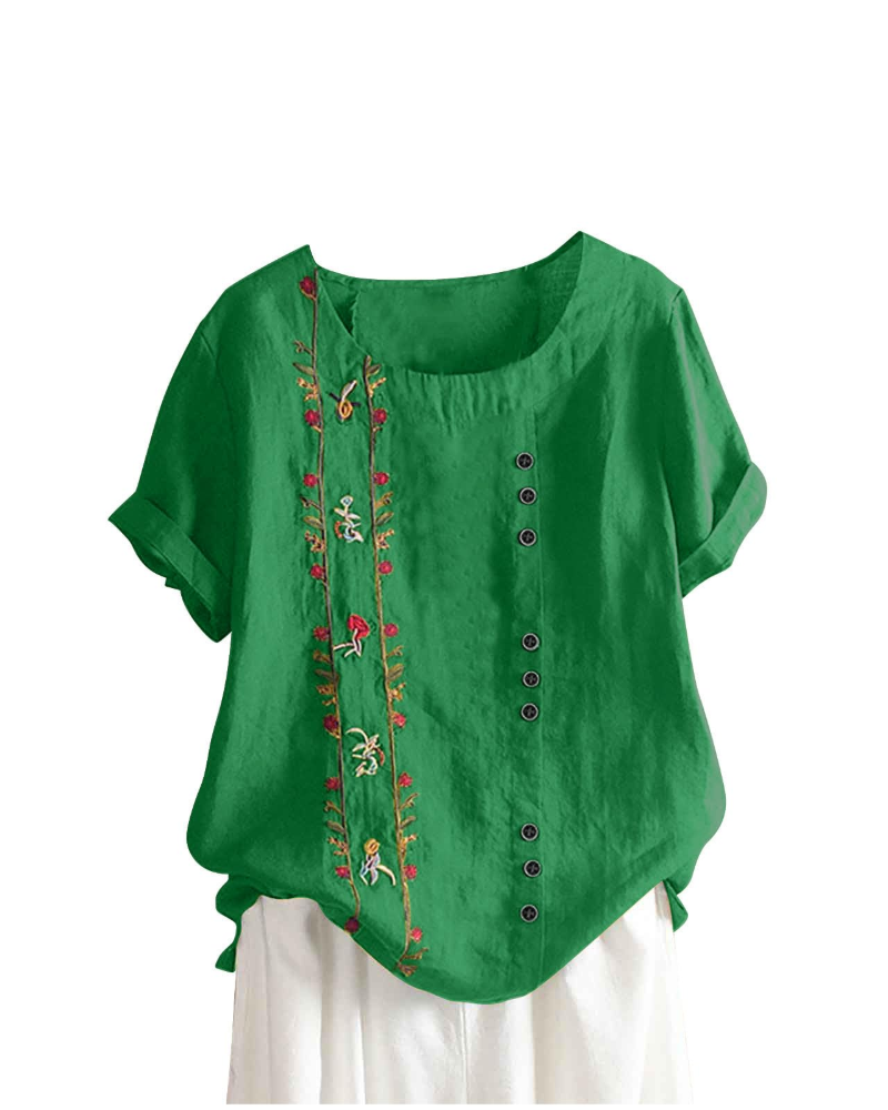 Brooke Blusa Lino Mujer – Mezcla Algodón Lino, Estampado Floral y Manga Corta