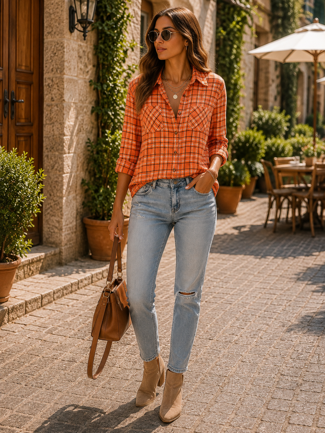 Camisa de cuadros Sara para Mujer – Silueta holgada, Bolsillos en el pecho y Corte boyfriend