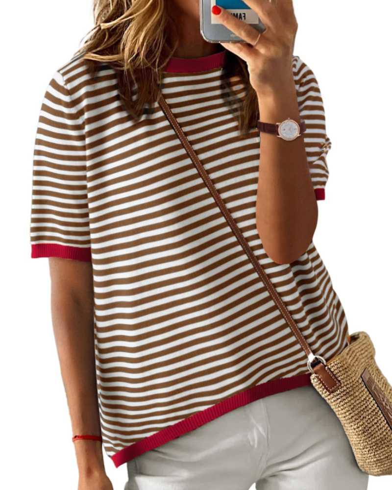 Ainsley Top Punto Rayas Mujer – Cuello Redondo, Manga Corta y Corte Suelto